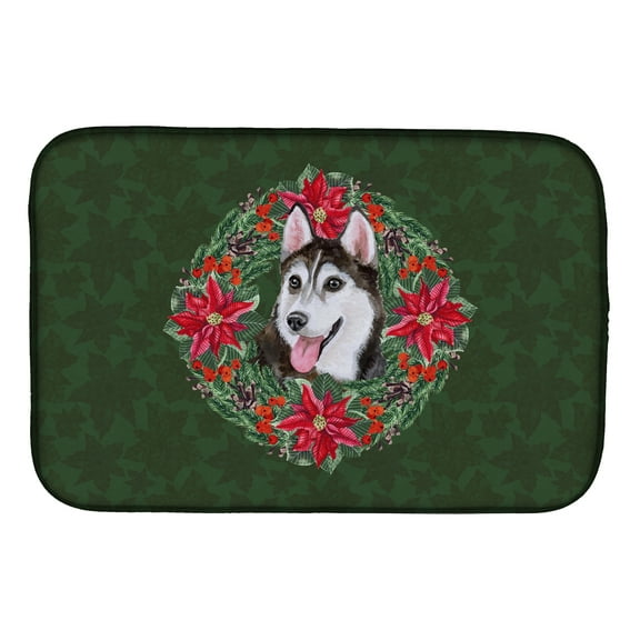 Siberian Husky #2 Poinsetta Wreath Dish Drying Mat