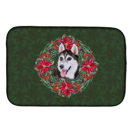Siberian Husky #2 Poinsetta Wreath Dish Drying Mat