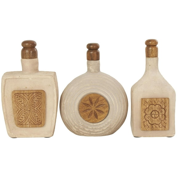 DecMode 6"W, 11"H Brown Paper Mache Floral Decorative Jars with Varying Shapes and Carved Wood Etchings, 3-Pieces