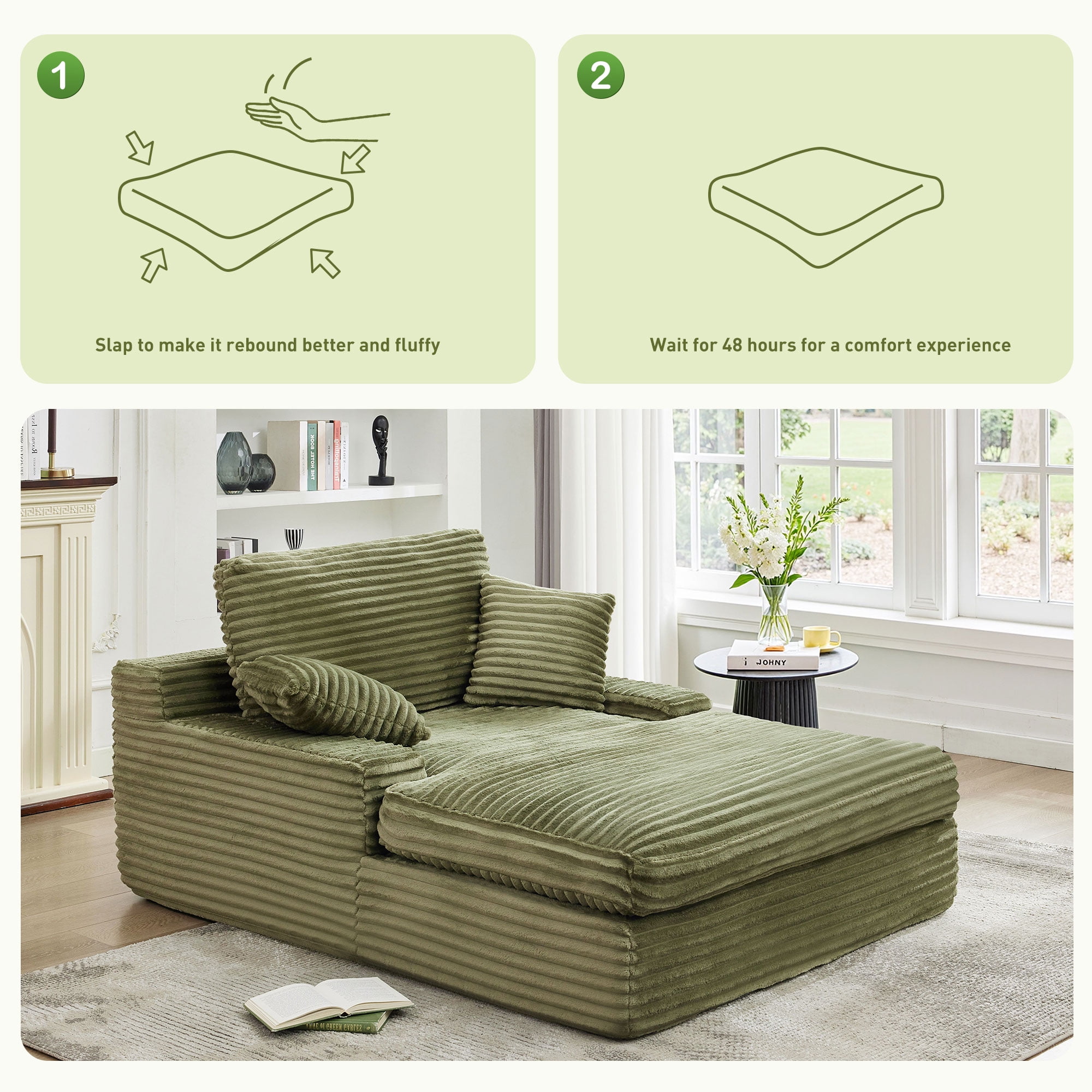 BedLuxury 73''x55'' Oversized Chaise Lounge Chair, Cloud Faux Fur Upholstered Sofa Bed Cozy Sleeper Couch for Living Room, No Assembly Required, Green