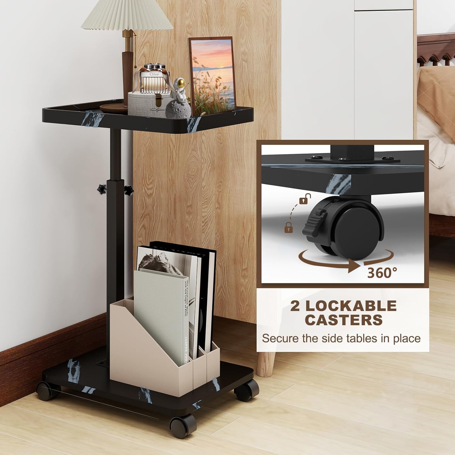 ManyFun C Table End Table Adjustable Heigh Durable MDF Top, Steel Frame, Universal Wheels, Multifunctional Tea Table (Black and white texture)