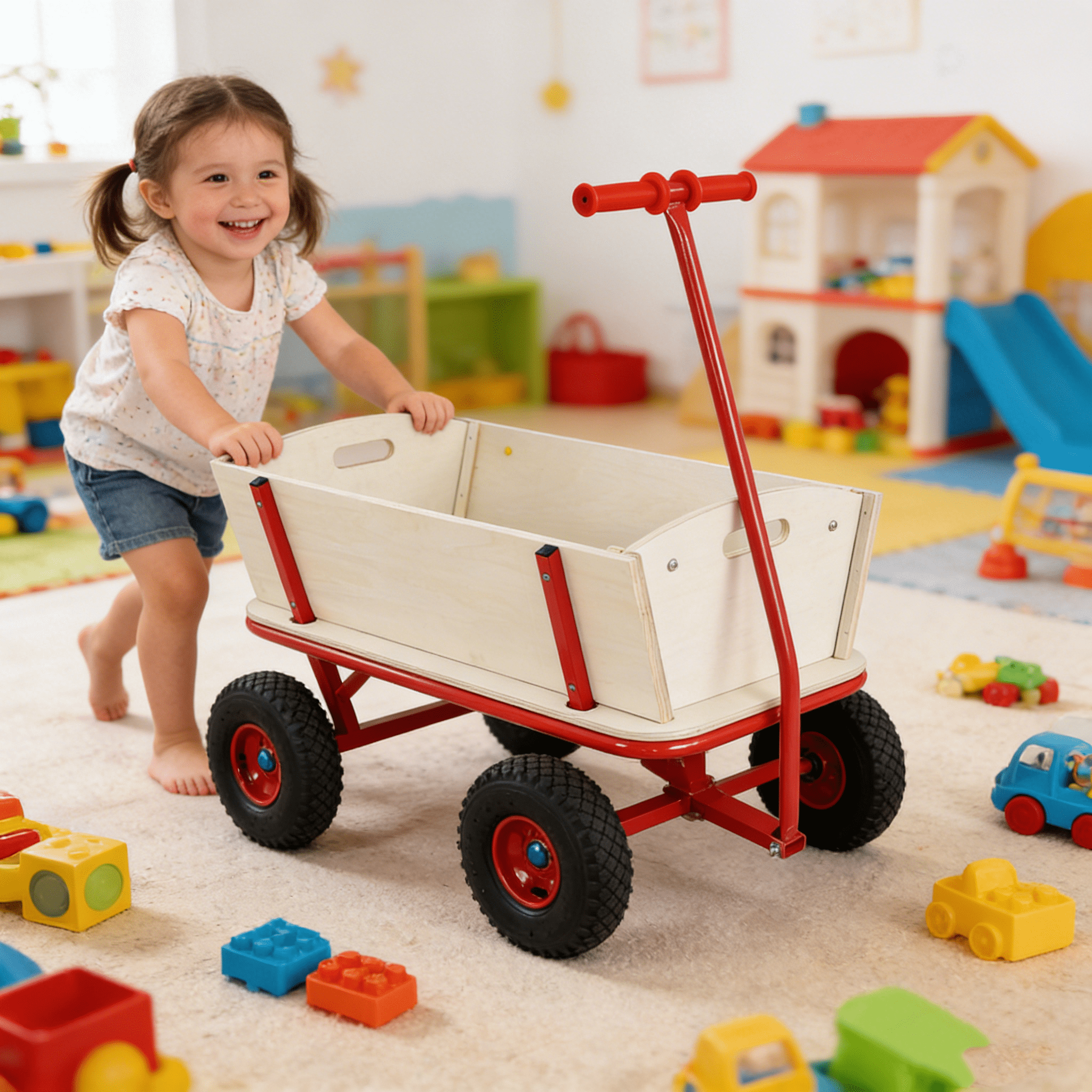 Olurrisa Red & Wood Children's Wagon with 4 All-Terrain Wheels & Side Handles, 260 lbs Capacity Outdoor Stroller Cart for Toys, Gardening, and Family Fun