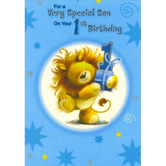 Designer Greetings Cute Lion Holding Blue Present Juvenile 1st / First Birthday Card for Son