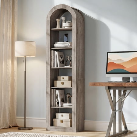 Fnova 74.8" Open Arch Bookcase, 6-Tier Display Storage Shelf, Space-Saving Farmhouse Bookshelf for Living Room, Bedroom, Home Office, Grey