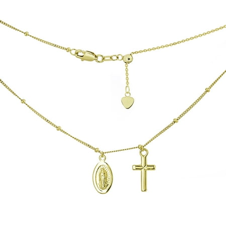 Miraculous Mary Charm 14k Yellow Gold Mini Dangle Cross with Miraculous Mary Medal Adjustable Choker Necklace ()