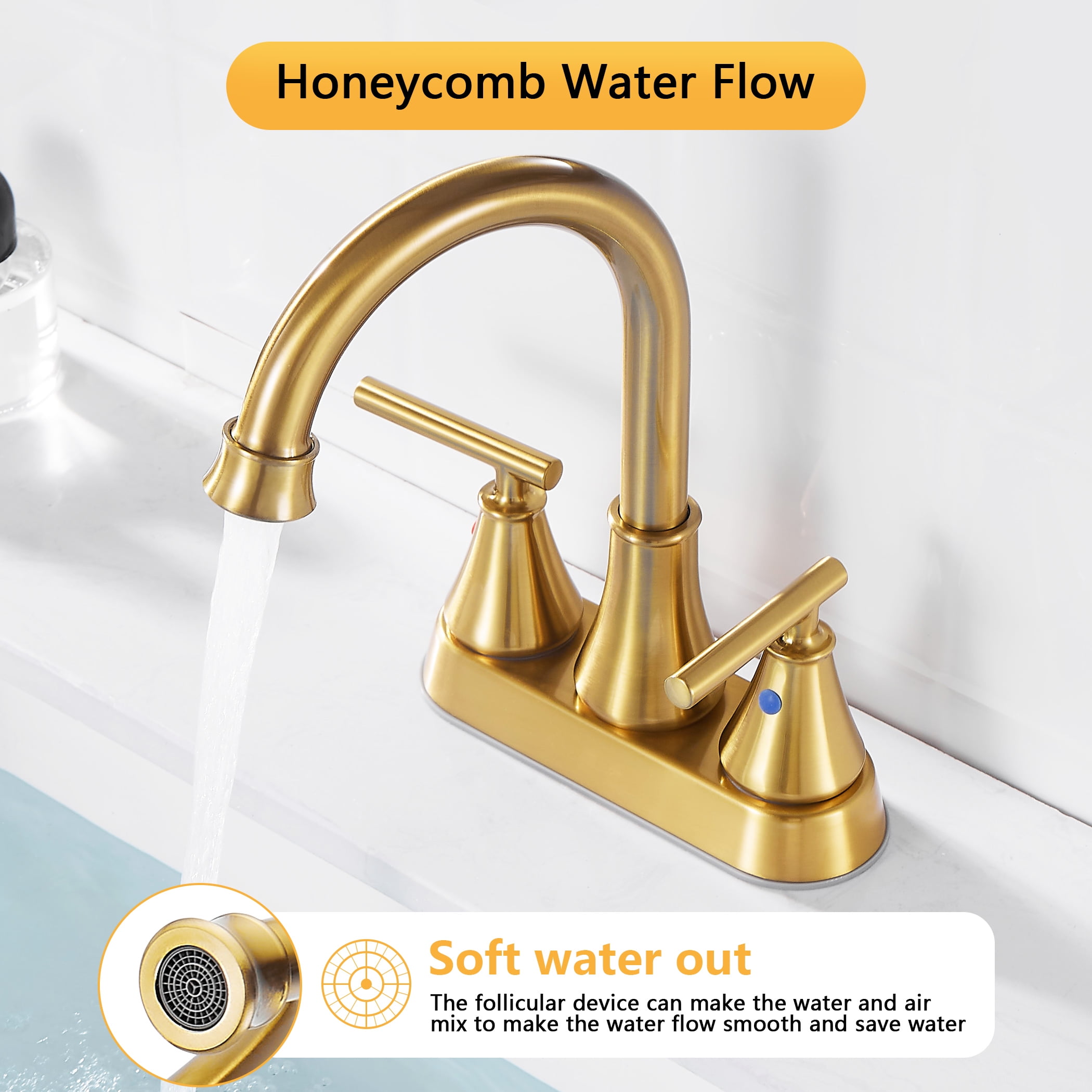 Kede Bathroom Sink Faucet 4 Inch 2 Handle CentersetGolden Brushed Lead-Free Modern Bathroom Faucet Vanity Faucet with Pop-up Drain Stopper and Supply Hoses