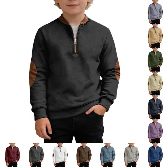 Oiyii Tween Boys' Elbow Patch Half Zip Sweatshirt Solid Long Sleeve Stand Collar Casual Top School Sweatshirts,Brown