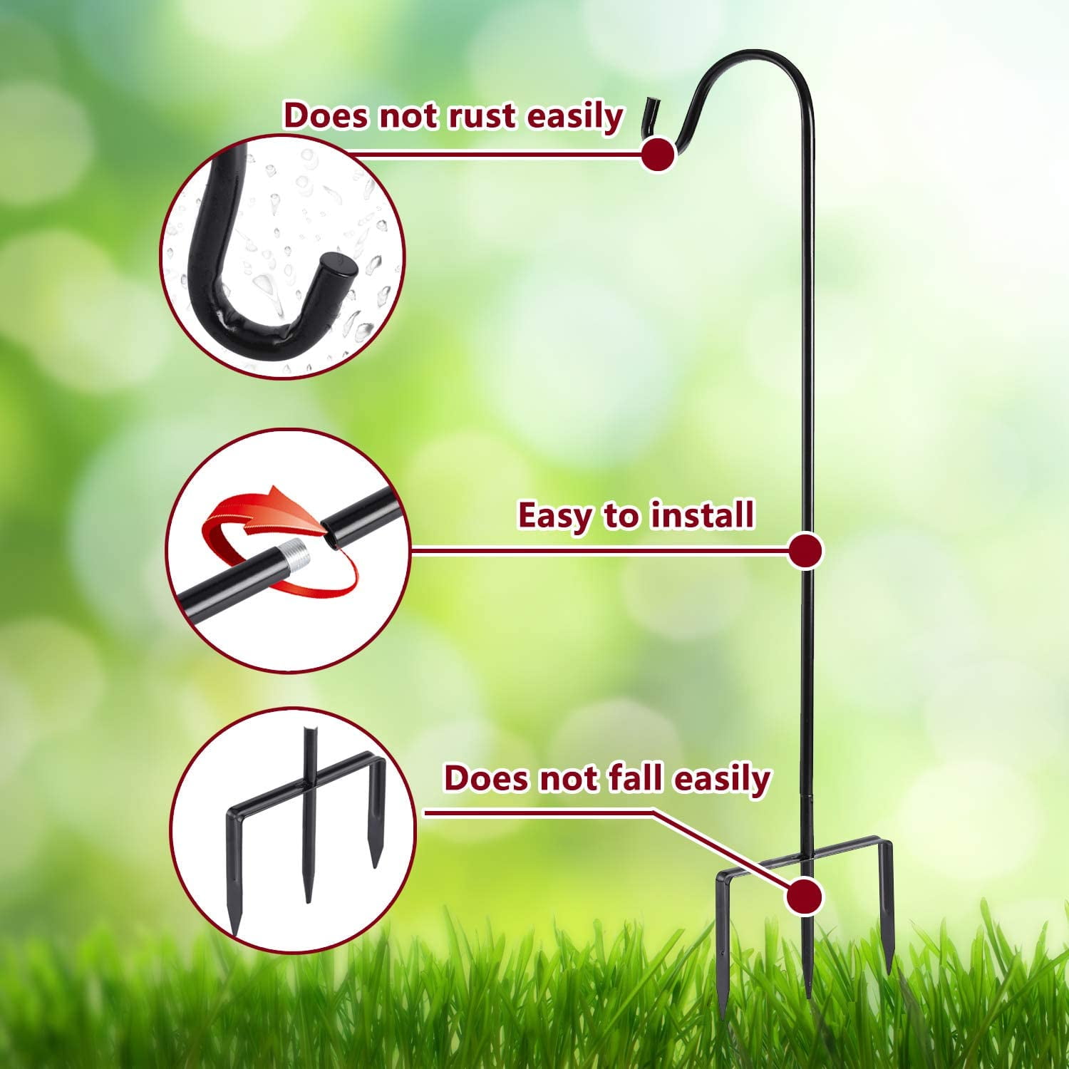 Shepherd Hook 32 inch 1/2 inch Thick Use at Weddings, Hanging Solar Lights, Lanterns, Bird Feeders, Metal Hanger Hook (Black,32inch). U.S. Patent.