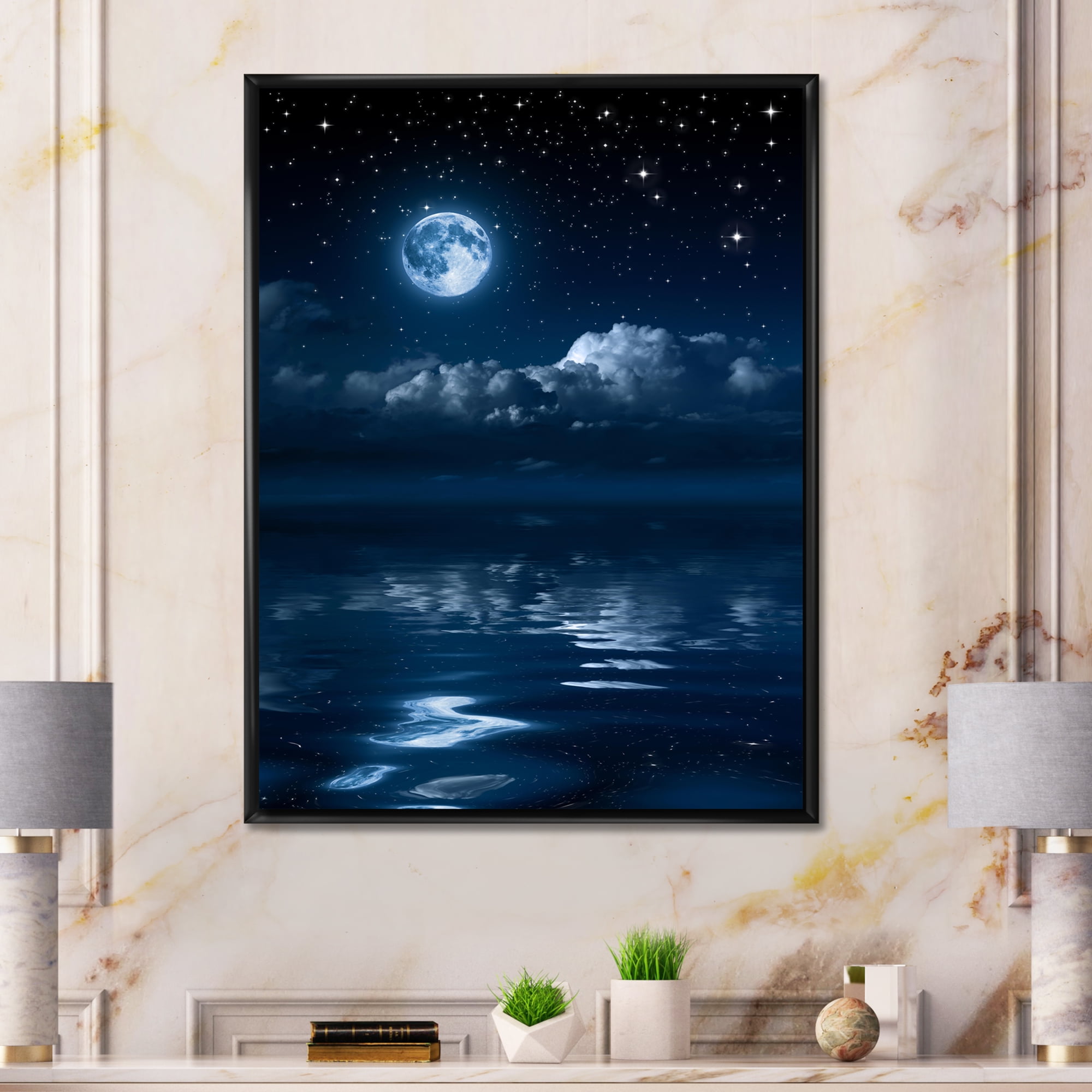 Designart 'Full Moon Night in Cloudy Sky I' Nautical & Coastal Framed Canvas Wall Art Print