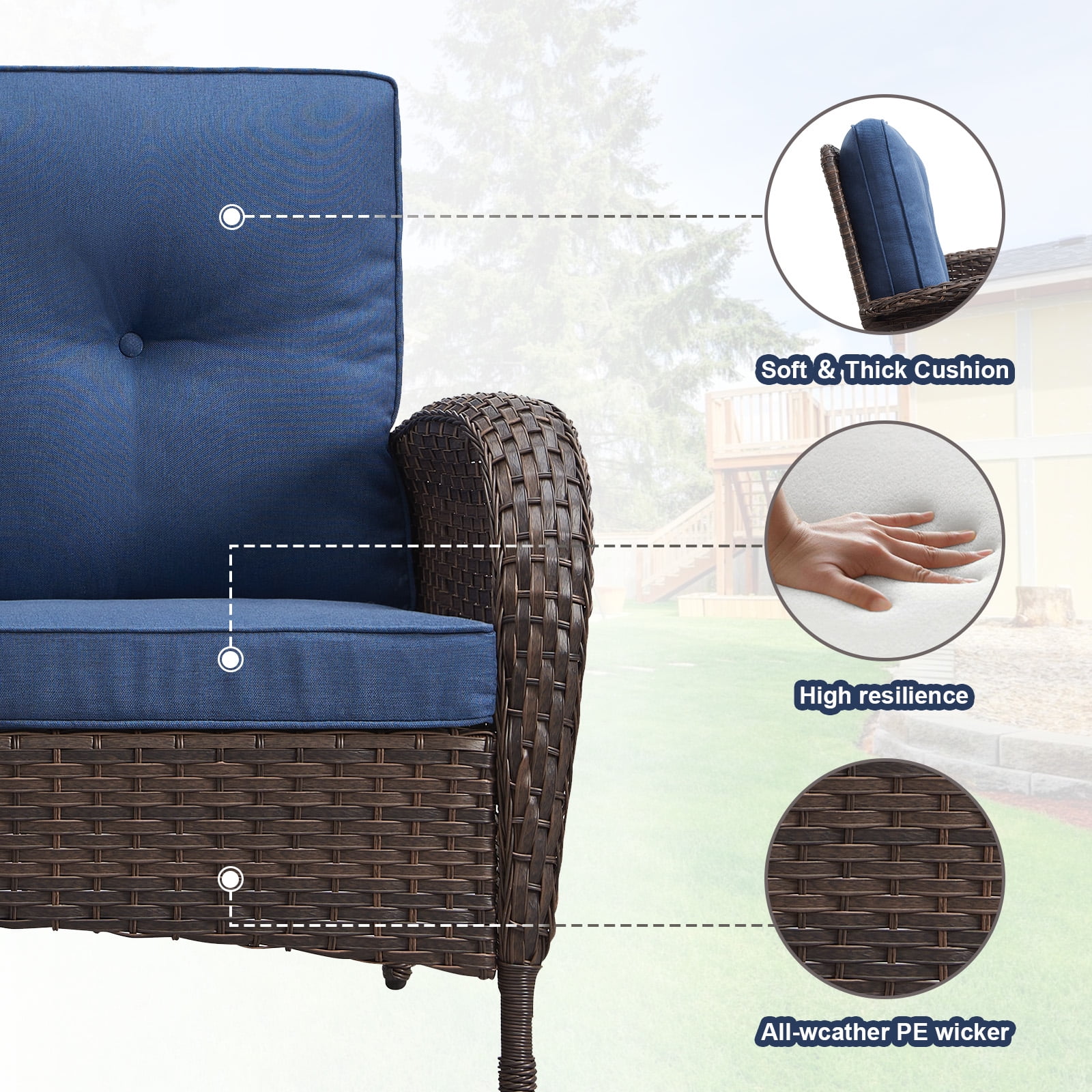 OPOHORO 5 - Pieces Patio Furniture Set with 43" Rectangular Fire Pit Table, Outdoor Conversation Sets with Lounge Chairs and Glass Side Table, for Garden Lawn Balcony, Blue Cushion