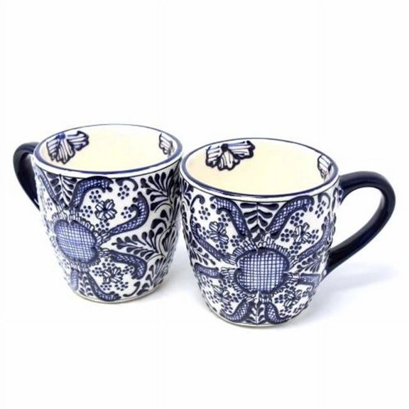 Rounded Mugs Blue Flowers Pattern, Set of Two Encantada