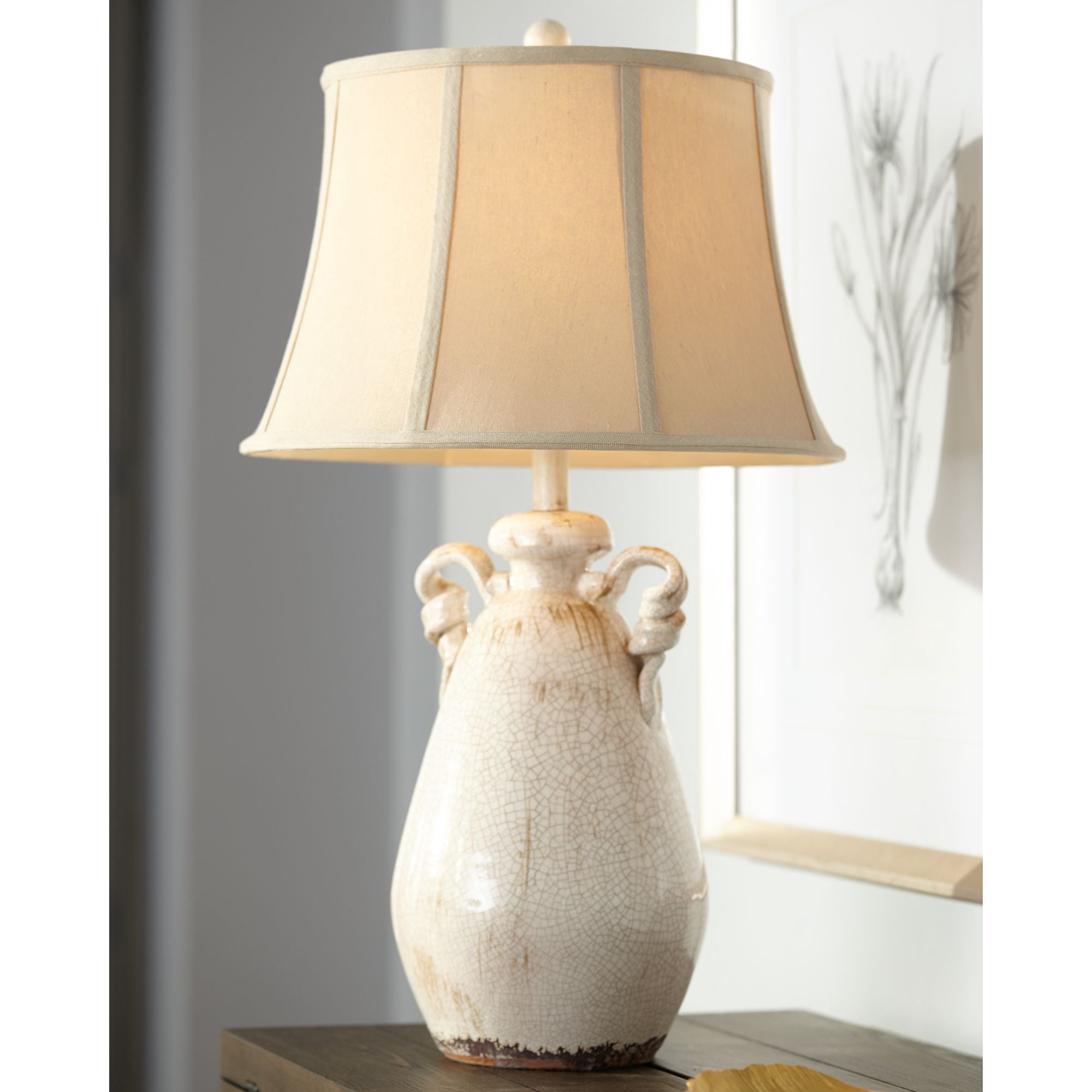 Regency Hill Rustic Country Cottage Table Lamps 29" Tall Set of 2 Crackled Ivory Glaze Ceramic Beige Bell Shade for Bedroom Living Room House Bedside