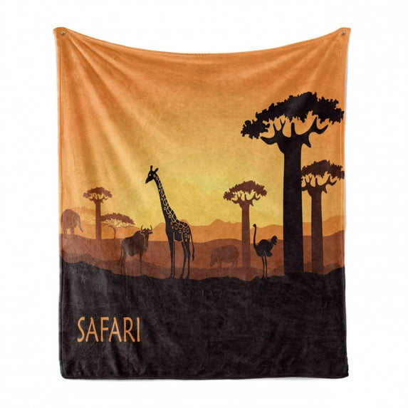 Safari Soft Flannel Fleece Throw Blanket, Sunset a Giraffe Ostrich Hippo Adventure Exotic Pastoral Wilderness, Cozy Plush for Indoor and Outdoor Use, 50" x 60", Dark Brown Apricot, by Ambesonne