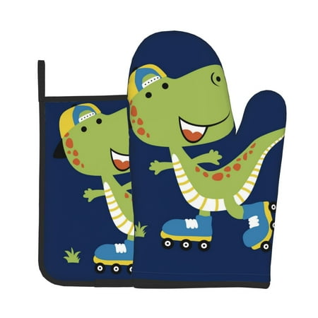 

Jgfou Dino Playing Roller Skate Pattern Oven Mitts and Pot Holders Sets Heat Resistant Oven Mittens Soft Lining Extra Thicken Long Kitchen Cotton Oven Glove for Cooking