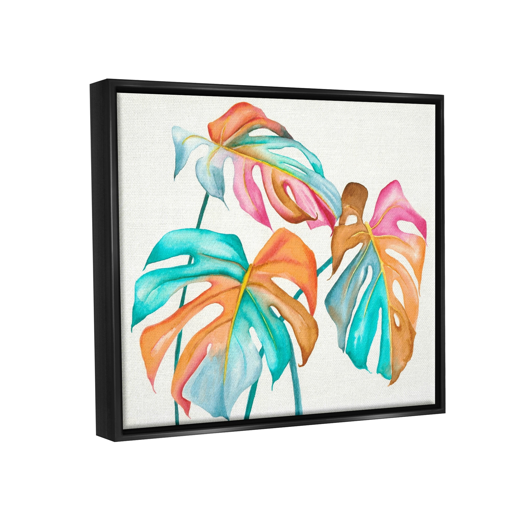 Stupell Industries Varied Rainbow Monstera House Plant Leaves Stems Painting Jet Black Floating Framed Canvas Print Wall Art, Design by Elvira Errico