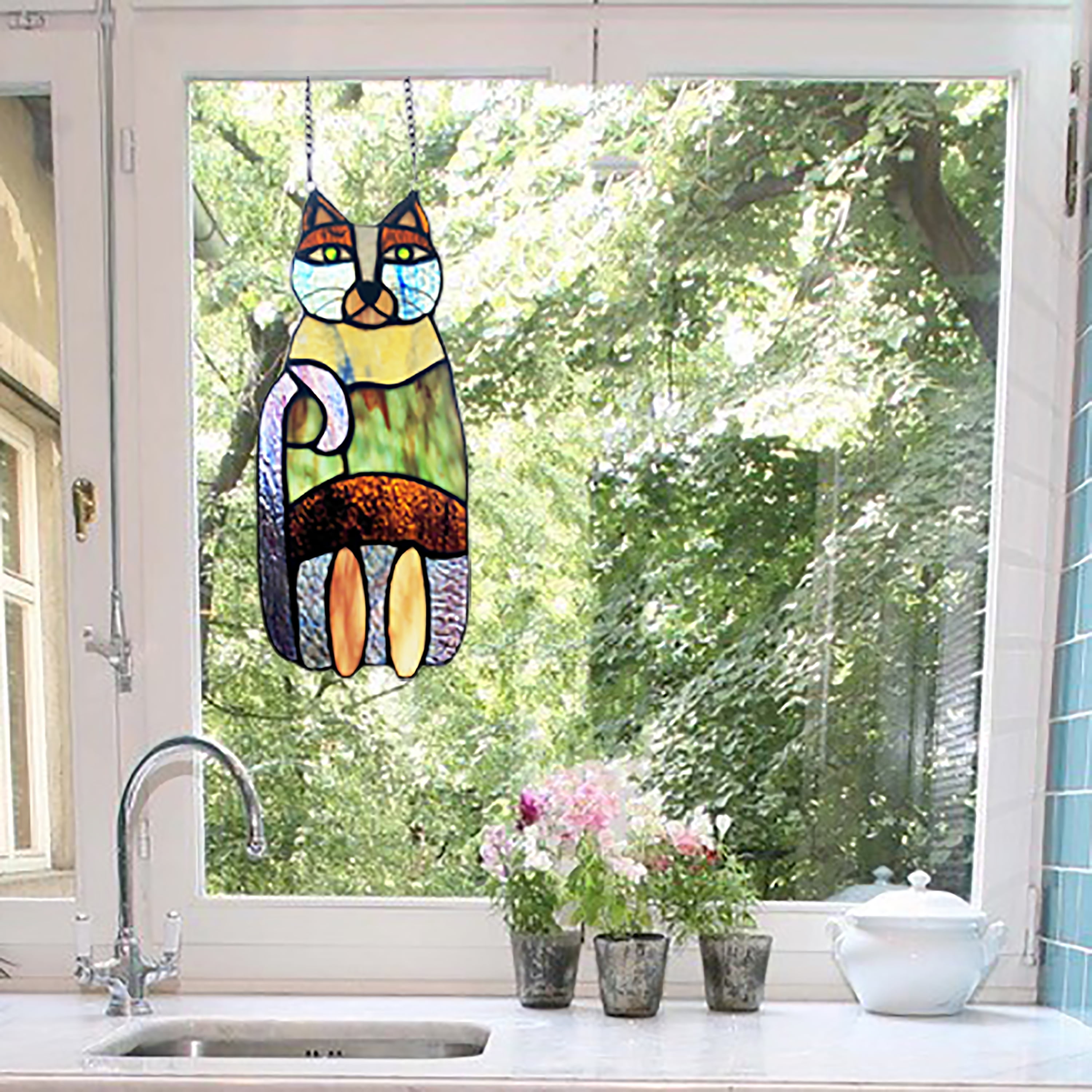 River of Goods  13-in. Crazy Cat Stained Glass Window Panel Purple