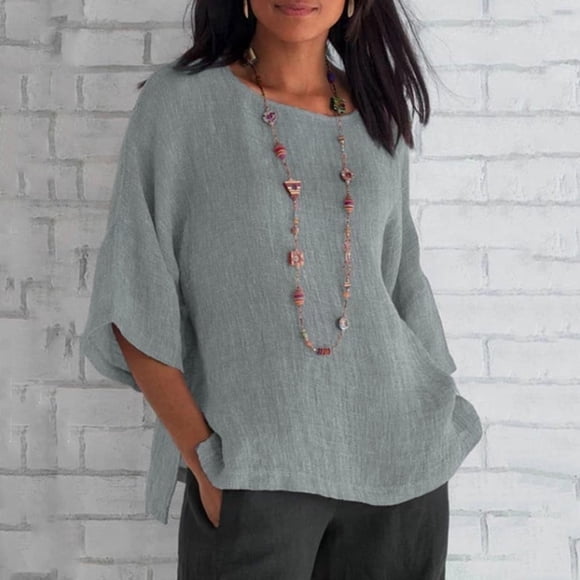 Fartey Cotton Linen Tops for Women Plus Size 3/4 Sleeve Crewneck Blouses Dressy Casual Solid Color Tees Ladies Summer Clothing 2025 Gray XXXL
