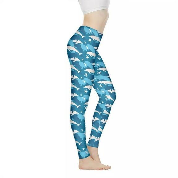 DISNIMO Dolphin Printed Workout Yoga Pants for Women, High Waisted Workout Leggings Tummy Control Yoga Pants Leggings for Workout Sport, Blue and White, XS