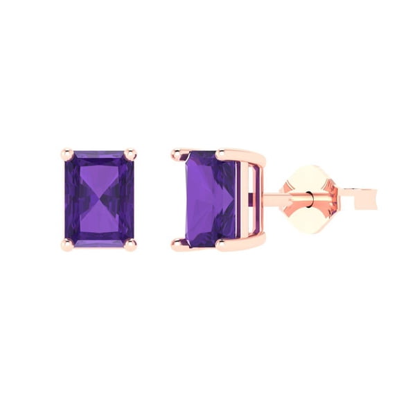 2 ct Push-Back Stud Earrings for Women | 7x5mm Emerald Cut Natural Amethyst | 18K Rose Gold