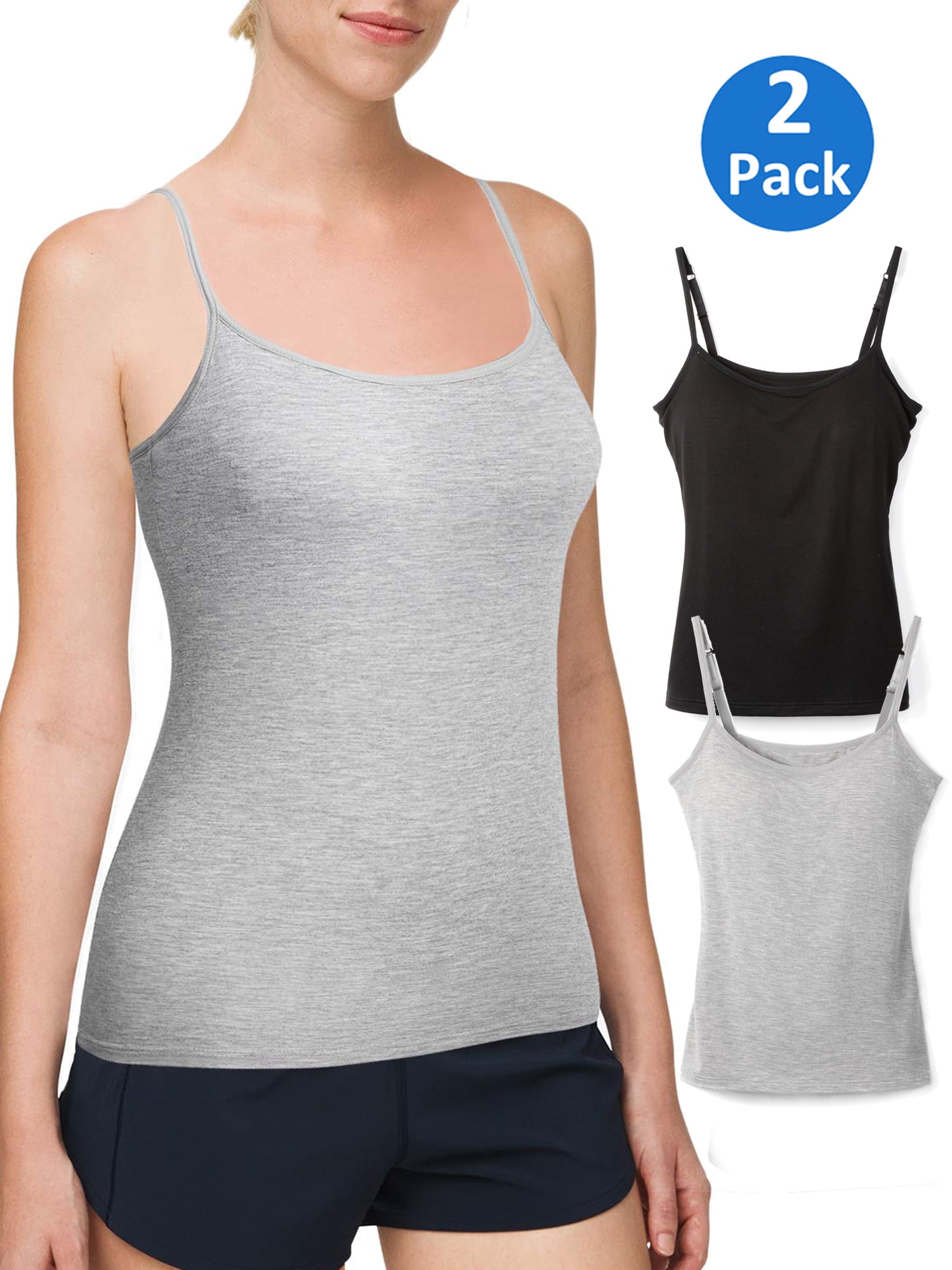 Women's Cami with Built-in Bra Adjustable Strap, 2 Pack Summer Sleeveless  Tank Top Padded Camisole for Yoga 