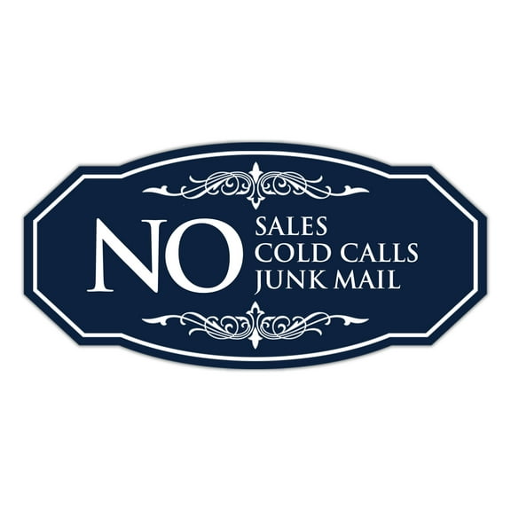 Signs ByLITA Victorian No Sales, or Cold Calls Or Junk Mail Durable ABS Plastic | Laser Engraved | Easy Installation | Elegant Design Sign (Navy Blue / White) - Large