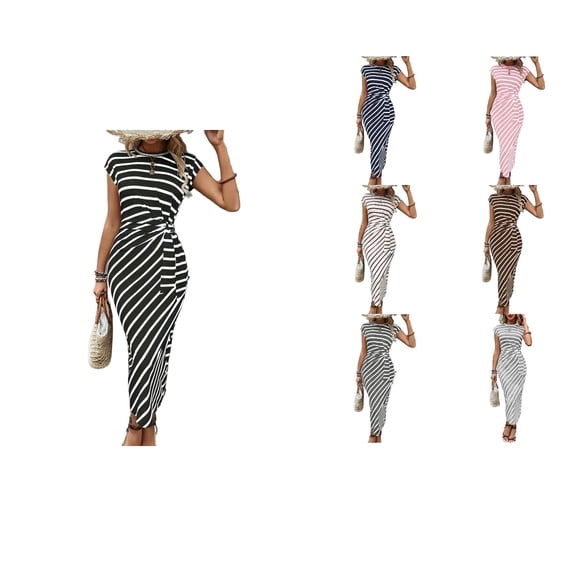 Antinious Womens Short Sleeve Round Neck Stripe Solid Bodycon Long Dresses