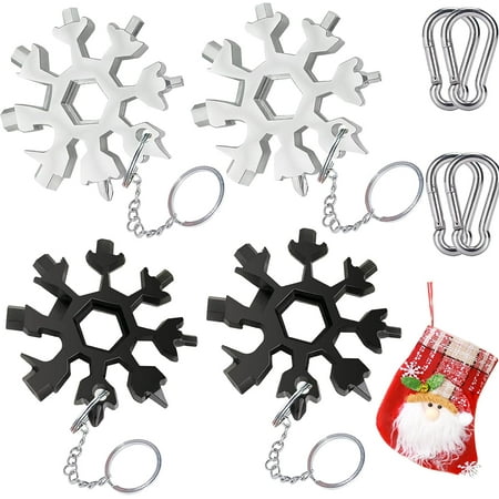 18-in-1 Snowflake Multi-Tool Stainless Steel Wrench Pocket Snowflake Tool Screwdriver Bottle Opener for Outdoor Travel Camping Adventure Tool Gifts for Husband/Dad (2 PACK Black & 2 PACK Steel color)