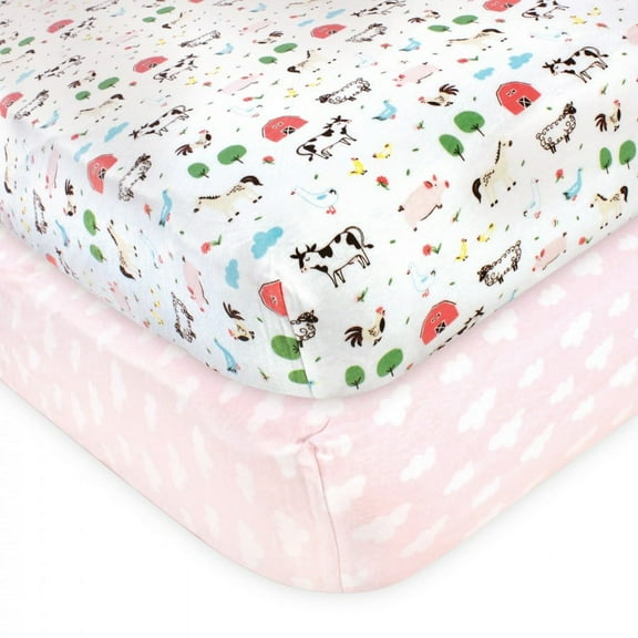 Hudson Baby Infant Girl Cotton Fitted Crib Sheet, Girl Farm Animal, One Size