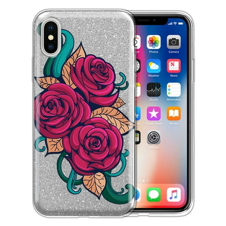 FINCIBO Silver Gradient Glitter Case, Sparkle Bling TPU Cover for Apple iPhone X, Clear Rose (Best Foo Dog Tattoo)