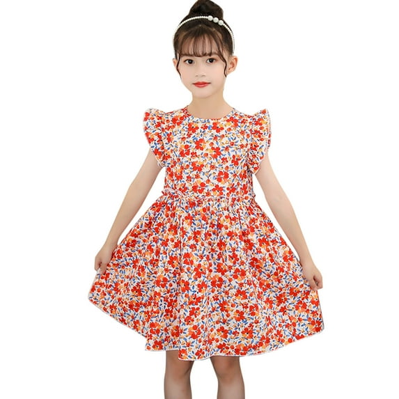 Aayomet Flower Girl Dresses Girls Toddler Kids Crew Neck Summer Sleeveless Sundress Casual Beach Floral Prints Party Dress,Orange 7-8 Years