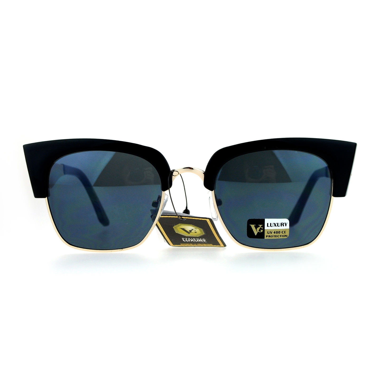 VG Eyewear Squared Futuristic Cat Eye Half Rim Sunglasses All Black