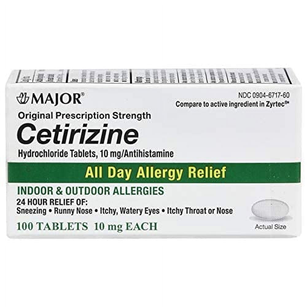 MAJOR 24hr All Day Allergy CETIRIZINE HCL Tablets 10 MG 100 Tablets White | Cetirizine Hydrochloride 10mg | Seasonal Allergy Medication | Cetirizine Allergy Pills
