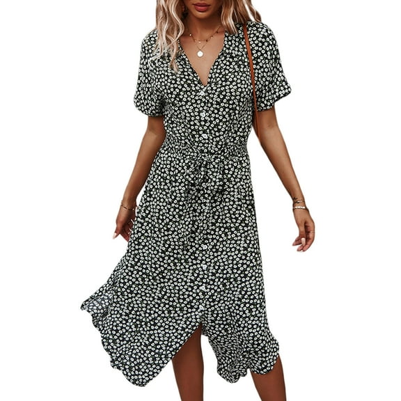 Women Fashion Floral Print Loose Shirt Dress Short Sleeve Button Down V Neck Casual Summer Bohemain Midi Dress Clothes