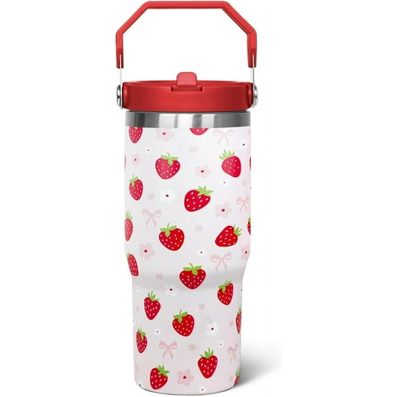 30oz Strawberry Flip Tumbler With Handle Lid and Straw,Strawberry Floral Coffee Mug Cup Water Bottles,Strawberry Themed Gifts for Women,Strawberry Decor Stuff Accessories