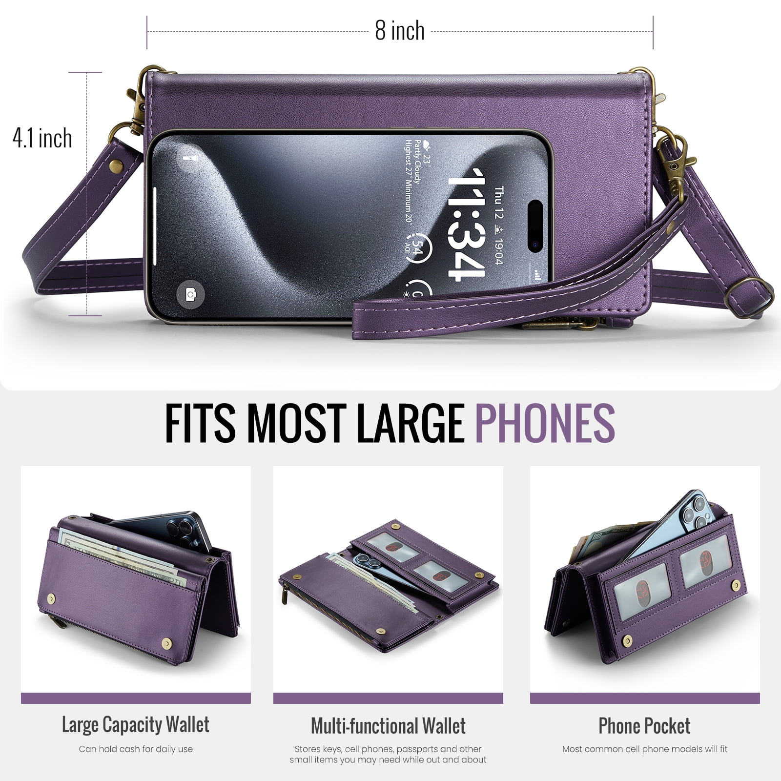 ELEHOLD Phone Bag Wallets for Women Girls,Luxury PU Leather Wallet Bag Crossbody Handbag with Phone Pocket Zipper Pocket Large Capacity Credit Card Holders Wriststrap Shoulder Strap,Purple