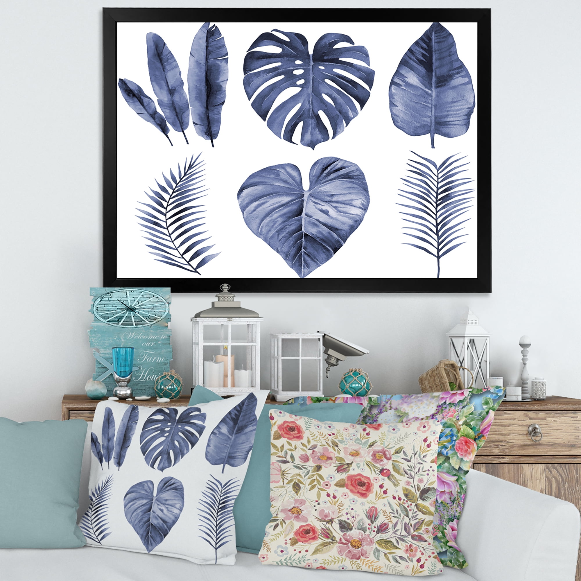 Designart 'Blue Watercolour Tropical Leaves I' Farmhouse Framed Art Print