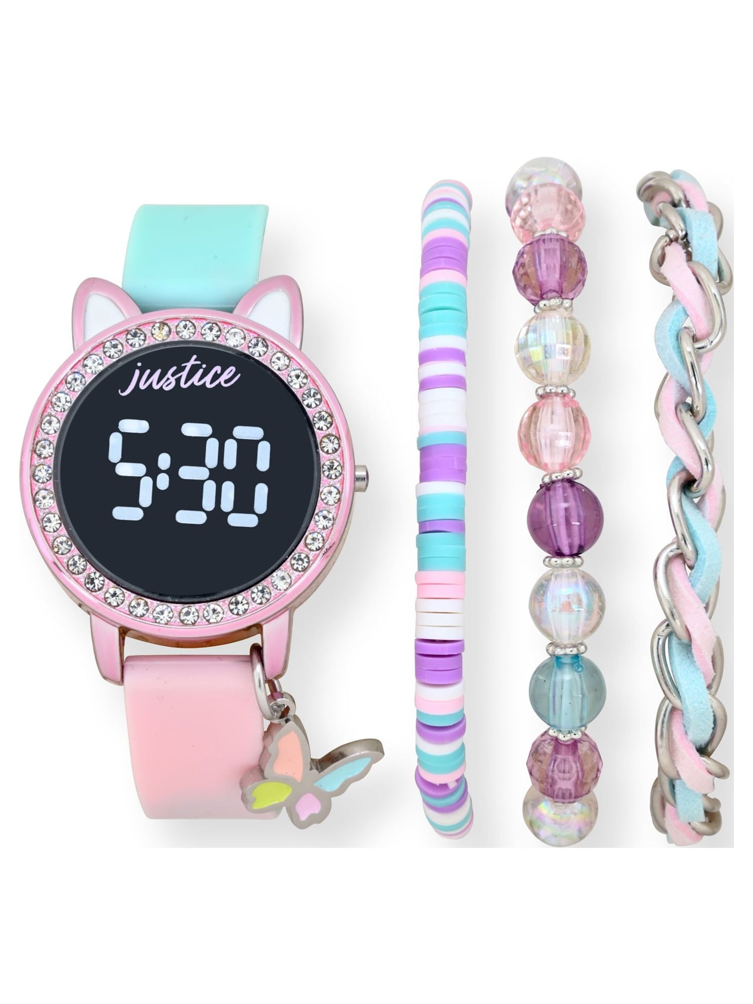 Justice Girl\'s LED Silicone Watch and Matching Bracelet 4 Piece Set