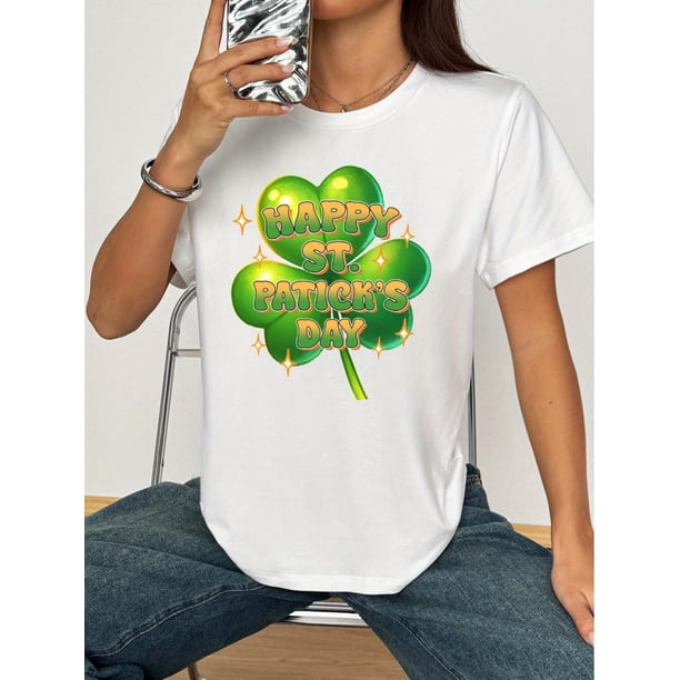Playera estampada para mujer, divertida e inspiradora, novedosa, informal, de manga cortaWomen's St. Patrick's Day Casual T-Shirt - White, Polyester, Clover Print, Short Sleeve, Machine WasCamisetas