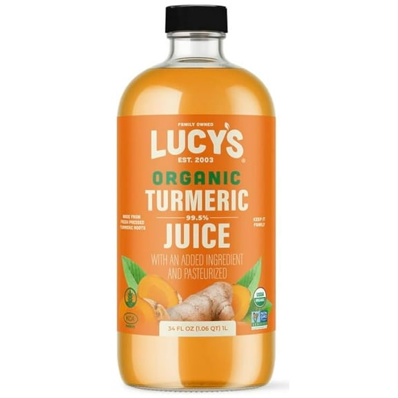 Lucy’s Fiji Turmeric Organic Non-GMO 99% Pure Turmeric Juice - 34 oz Glass Bottle (Made from Fresh Pressed)