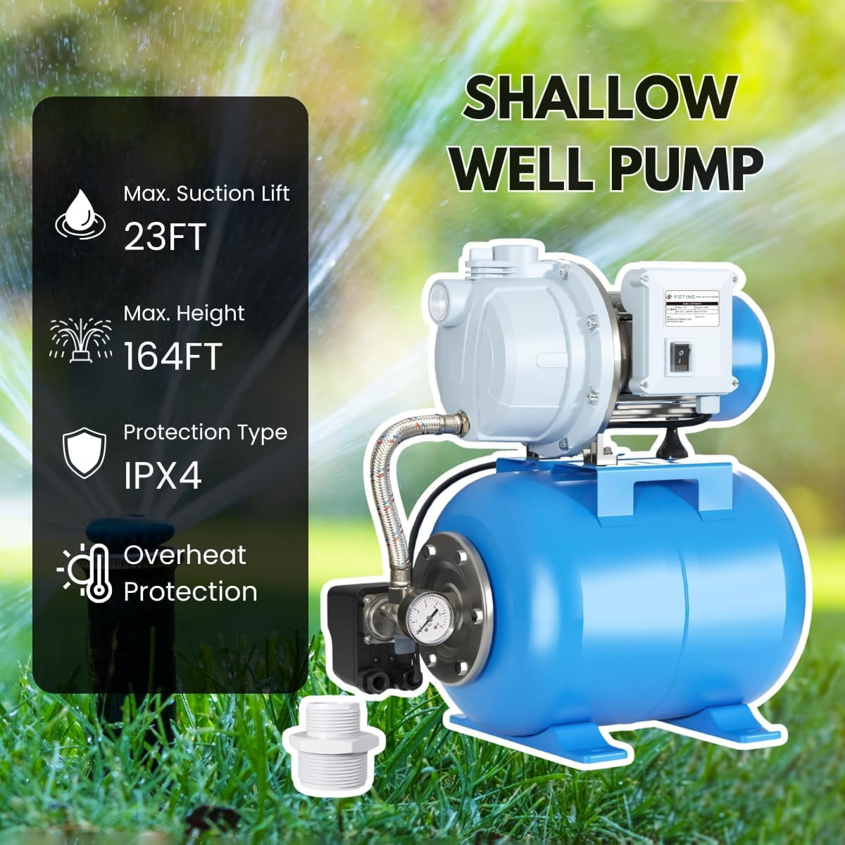 FOTING 1.5HP Shallow Well Pump 1340GPH 164ft Lift 5Gal Pressure Tank Automatic Irrigation Water Booster Jet Pump 115V Blue