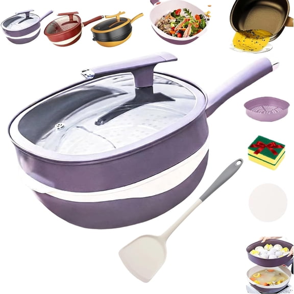 12 Inch Titanium Alloy Non-stick Pot and Frying Pan Set with Lids and Steamer, Multipurpose Deep Saute Pan with Handle, Purple Cookware Set for Cooking Frying Stewing (A)