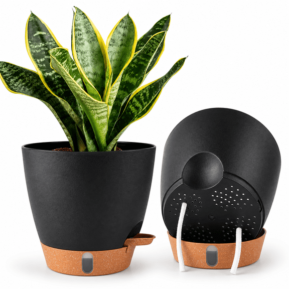 8 Inch Black Plastic Self-Watering Planters 2 Pack for Indoor and Outdoor Use