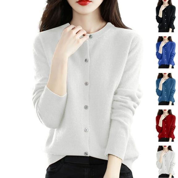 Admvng Cardigan for Women Solid Color Button up Long Sleeved Round Neck Knitted Sweater Thin Cardigan Sweater Top M-2XL