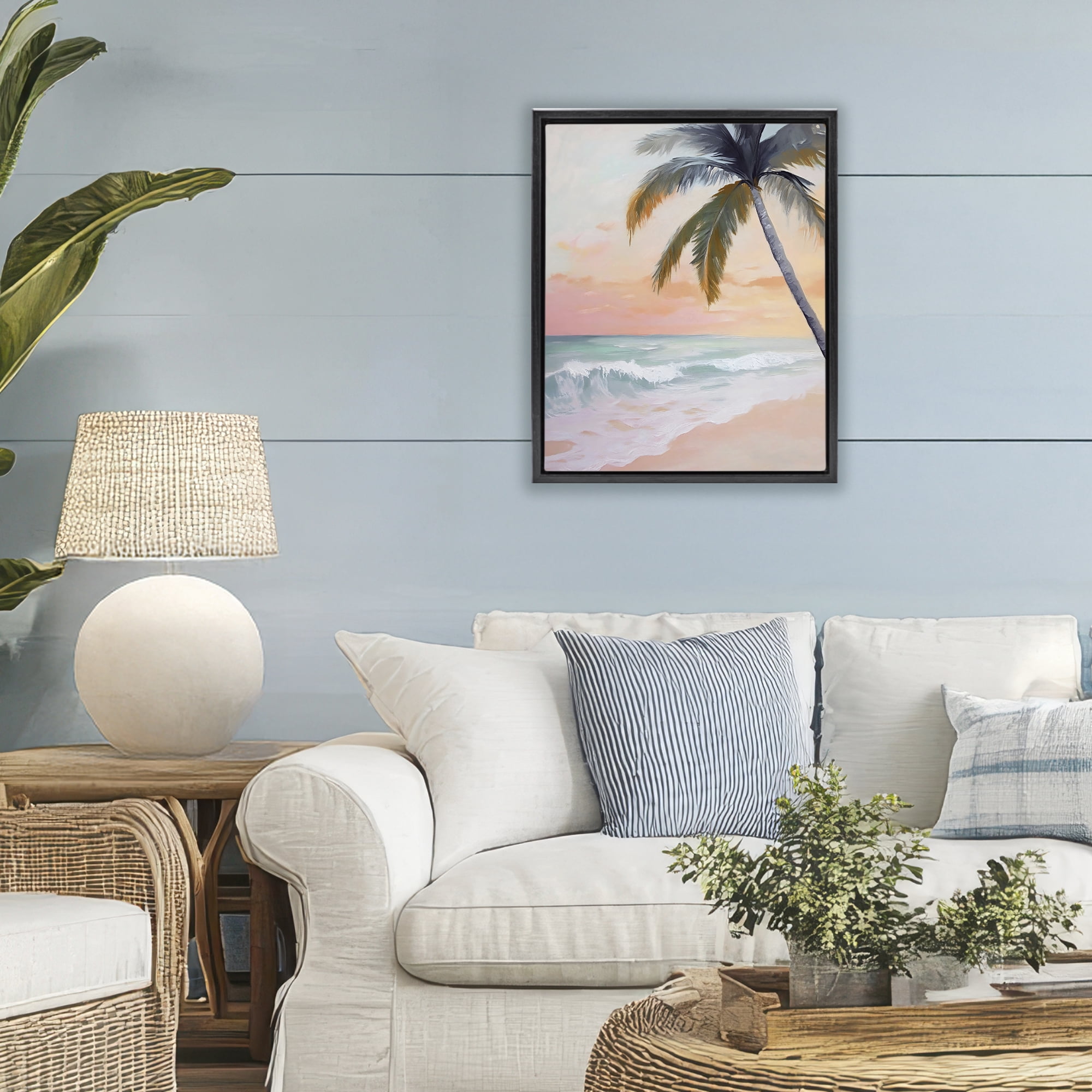 Stupell Industries Tranquil Sunset & Beach Palm Black Framed Floater Canvas Wall Art, design by Creative Studio