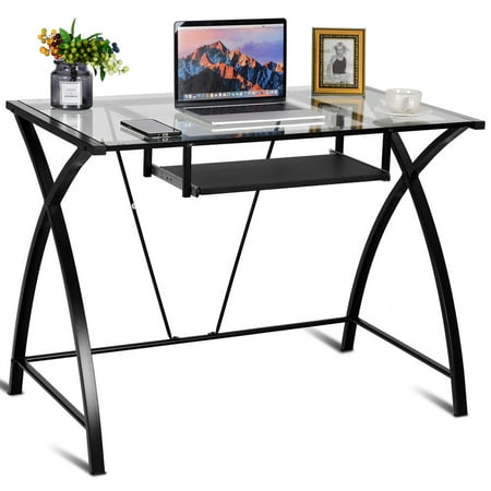 Clear Glass Top Computer Desk W Pull Out Keyboard Tray Home