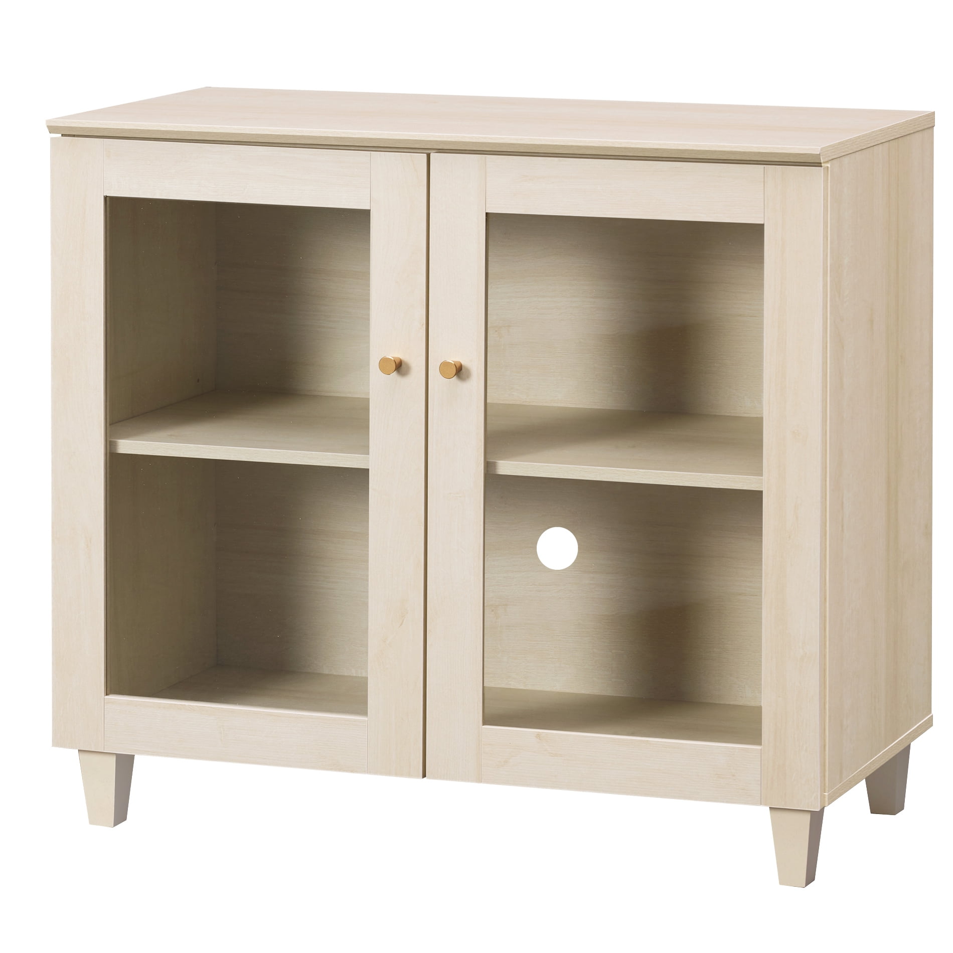 Large Bedroom Nightstand with Glass Doors, Tall Bedside Table with Adjustable Shelf and Cable Management, White Oak