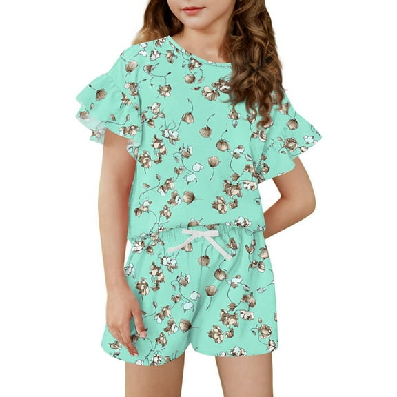 Abcomgle Girls 2 Piece Outfits Size 7/8 Striped Colorblock Ruffle Sleeve Tee Top and Elastic Waist Shorts Cute Trendy Girls Summer Outfits 10-11 Years,Cyan