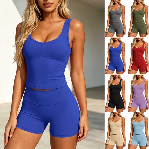 Women’s 2 Piece Yoga Workout Outfit Scoop Neck Sleeveless Stretch Tank Top and High Waist Tummy Control Biker Shorts Buttery Soft Quick Dry Sets for Yoga, Running, Gym Workout Wine
