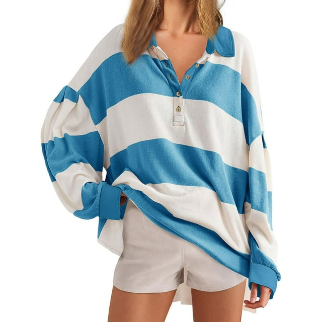MeetoTime Womens Striped Oversized Sweatshirt Long Sleeve Button Down Lapel V Neck Color Block Pullover Tops