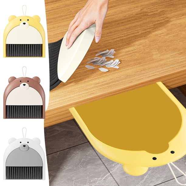 Juego de cepillo y recogedor de escritorio | Barrendero compacto para escritorio, teclado, mesa | Cerdas blandas, plástico sin arañazos, marrón amarillo blanco, 9,25x7,09 pulgadas | Ligero